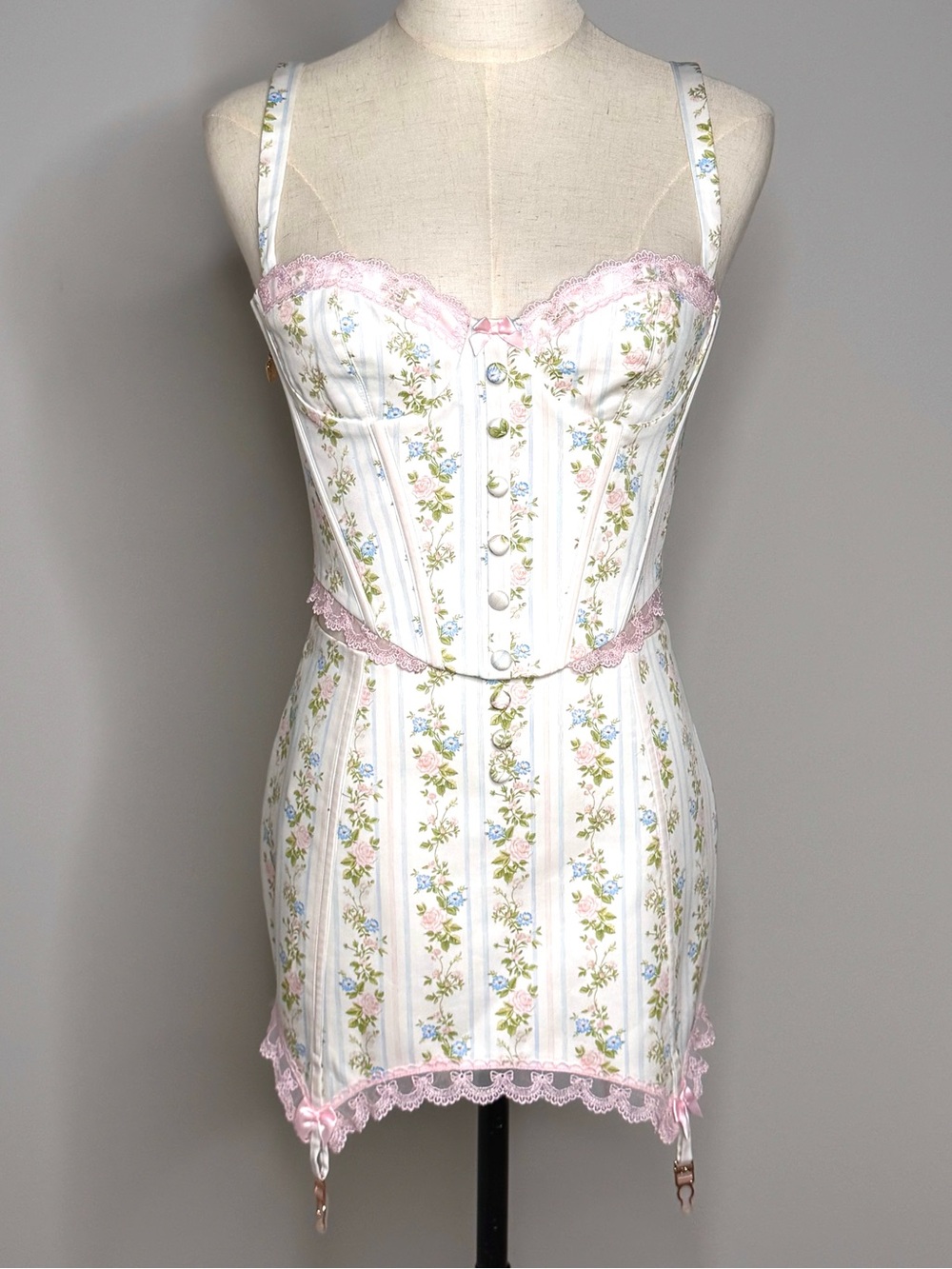 Cosette Di Ames Eleanor Bustier Garter Mini Skirt Set Floral Lace Size Small NWT